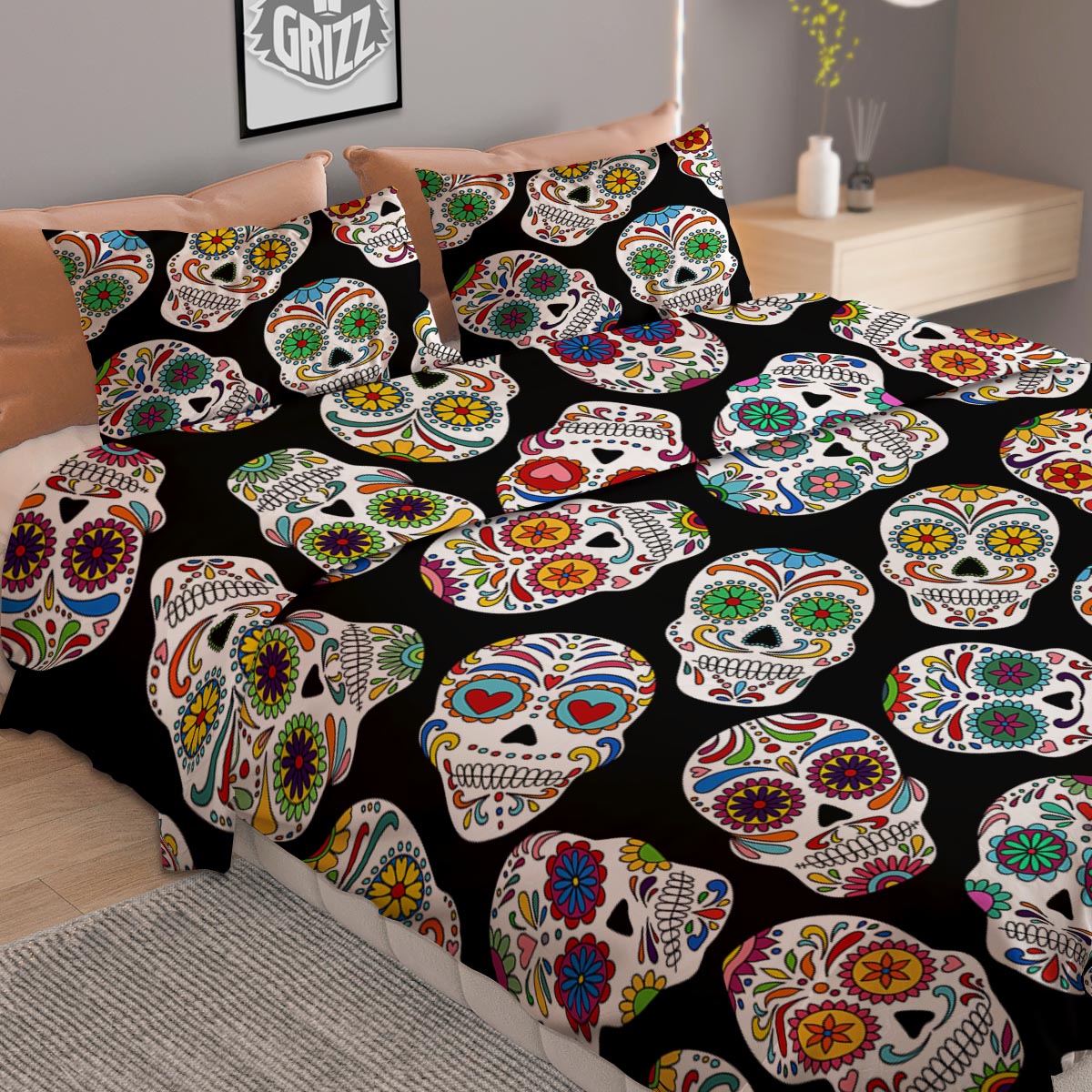 Skull Sugar Print Pattern Duvet Cover Bedding Set