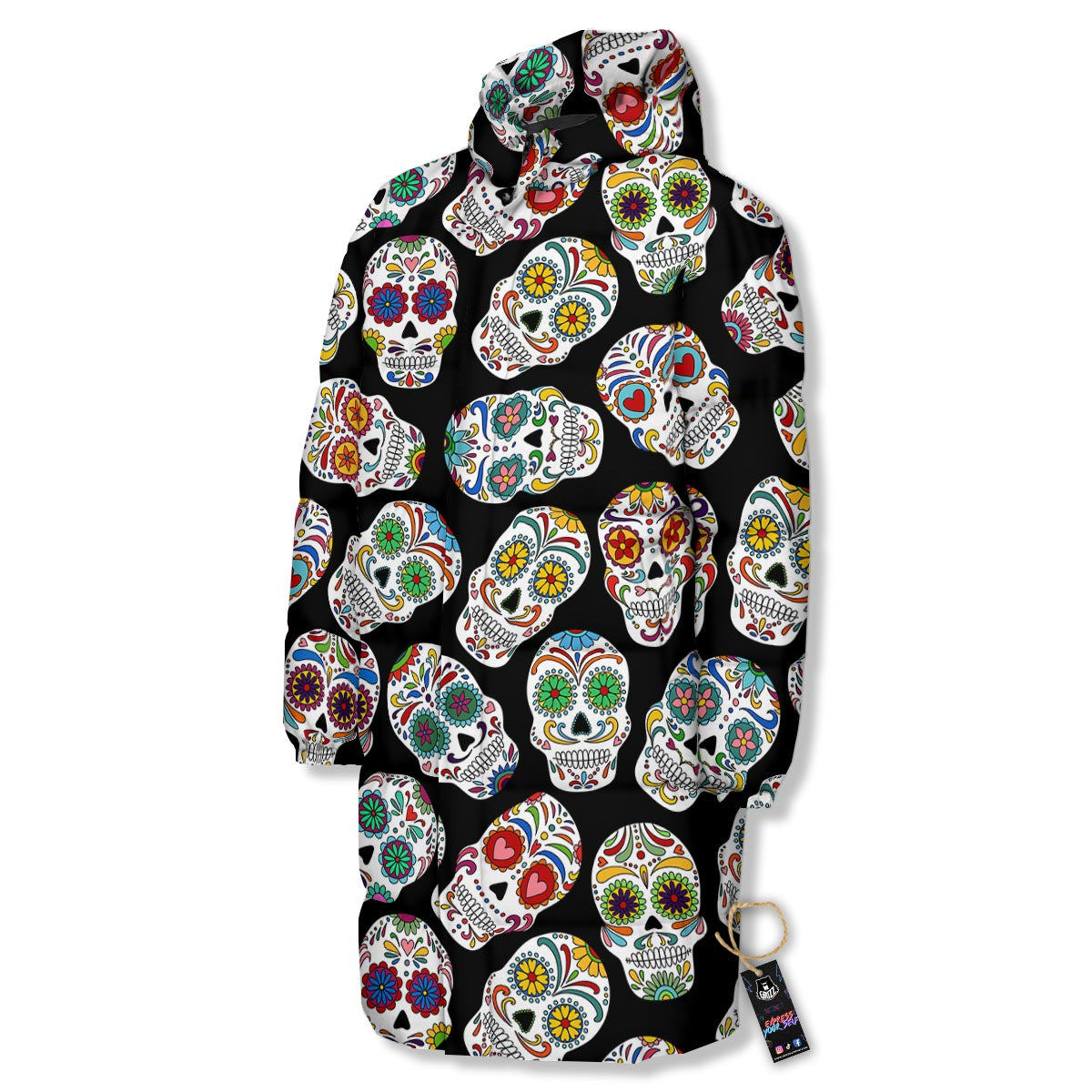 Skull Sugar Print Pattern Long Down Jacket-grizzshop