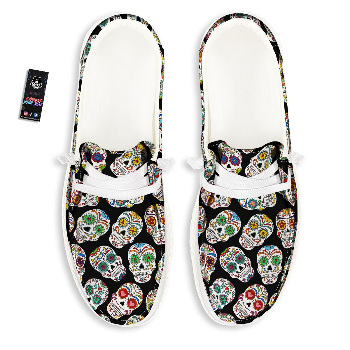 Skull Sugar Print Pattern White Loafers-grizzshop