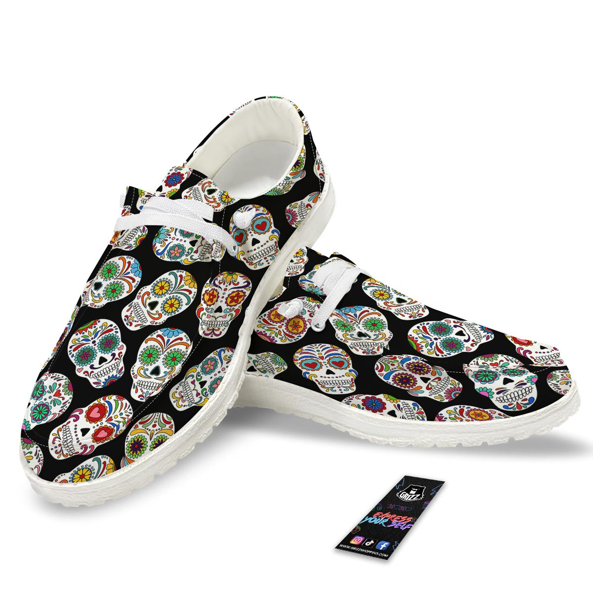 Skull Sugar Print Pattern White Loafers-grizzshop