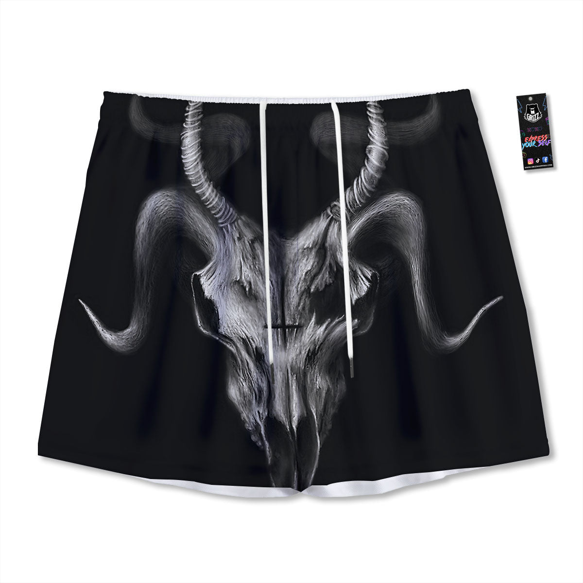 Skull Symbol Satan Goat Print Mesh Shorts