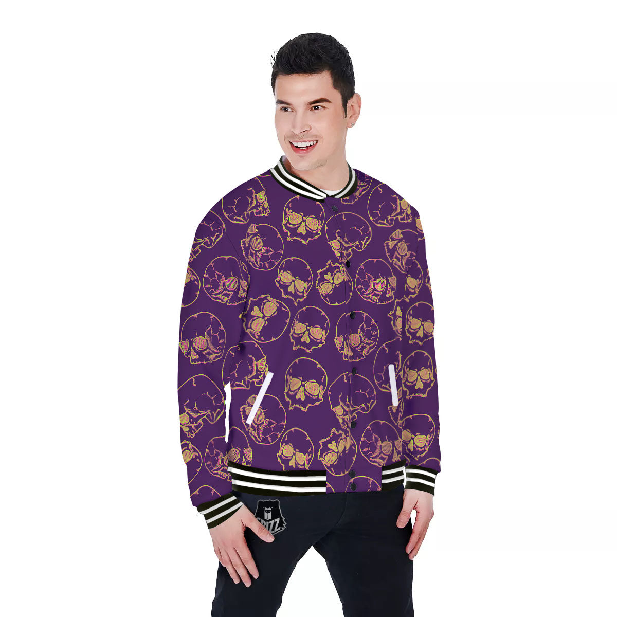 Skull Teal And Purple Print Pattern Baseball Jacket-grizzshop