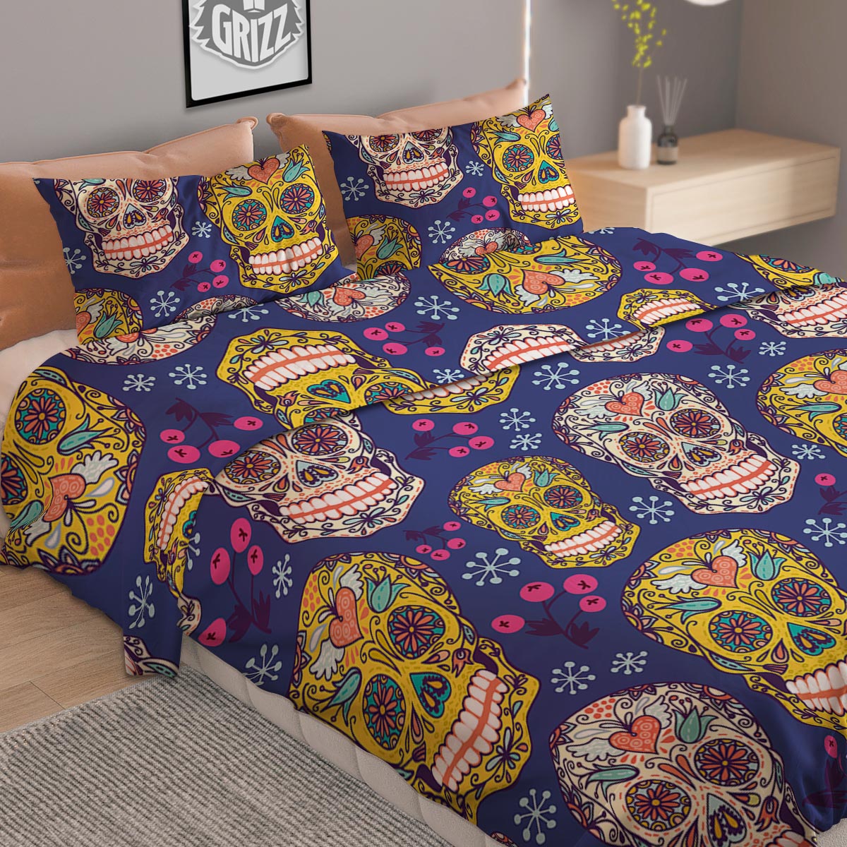Skull Teal Sugar Print Pattern Duvet Cover Bedding Set