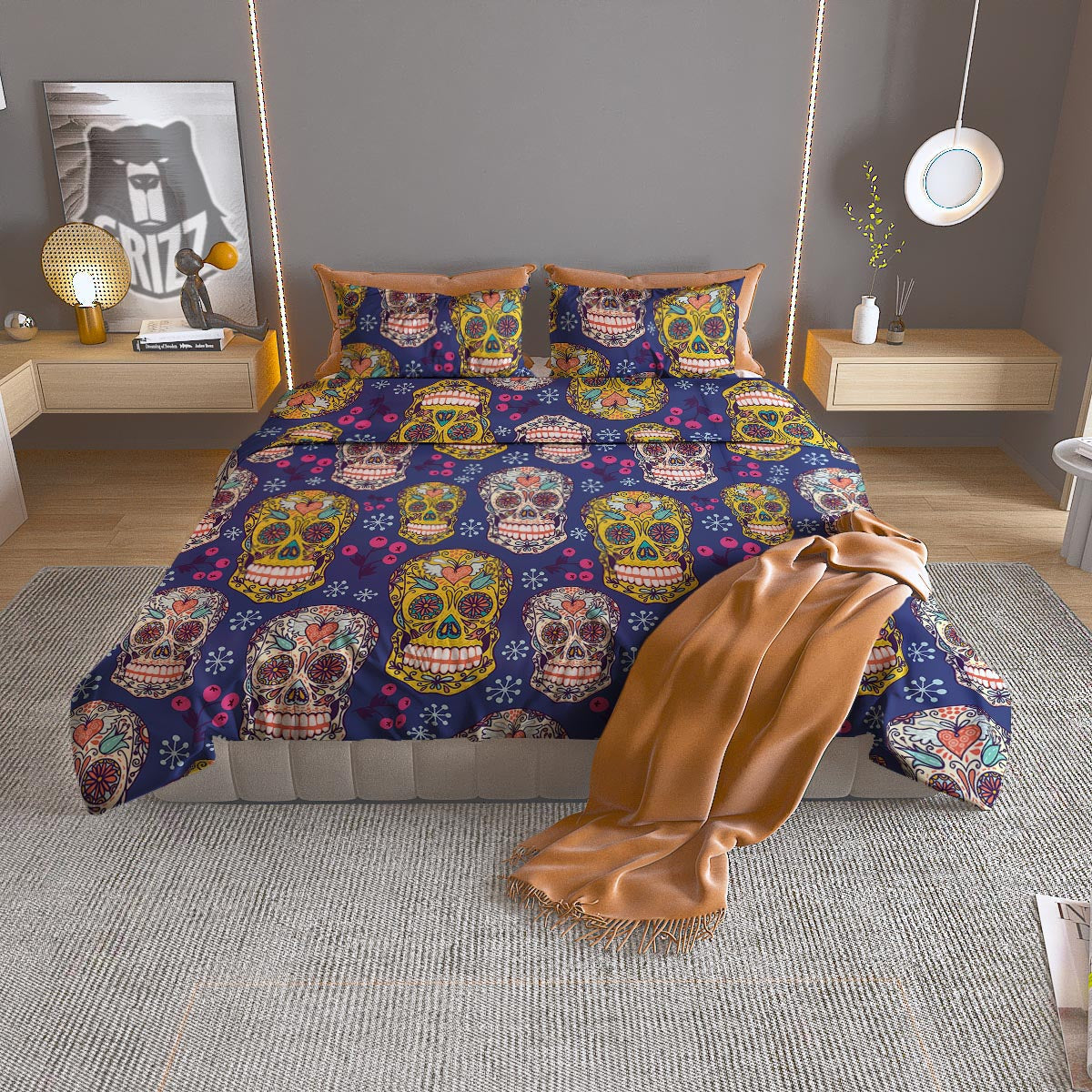 Skull Teal Sugar Print Pattern Duvet Cover Bedding Set