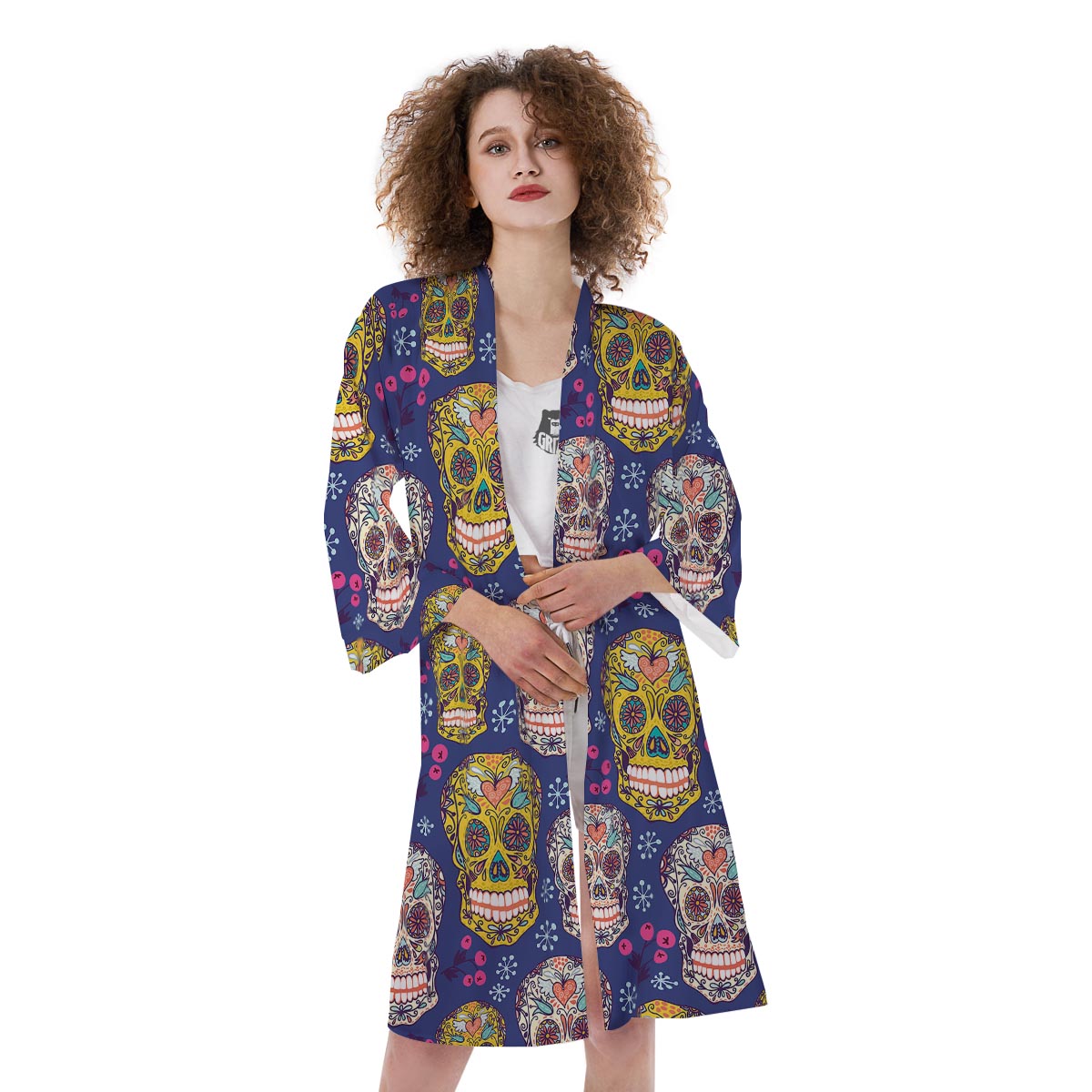 Skull Teal Sugar Print Pattern Kimono-grizzshop