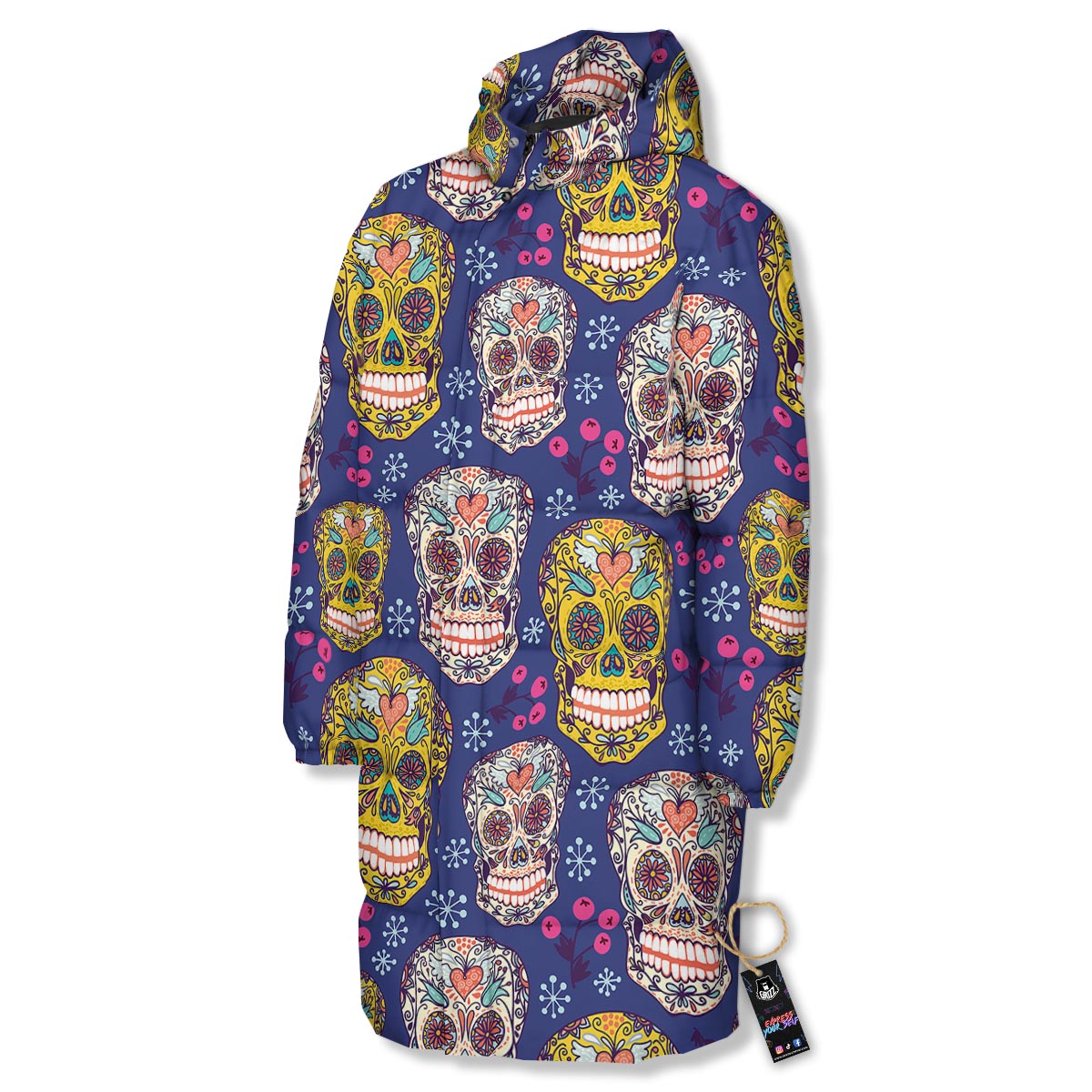 Skull Teal Sugar Print Pattern Long Down Jacket-grizzshop