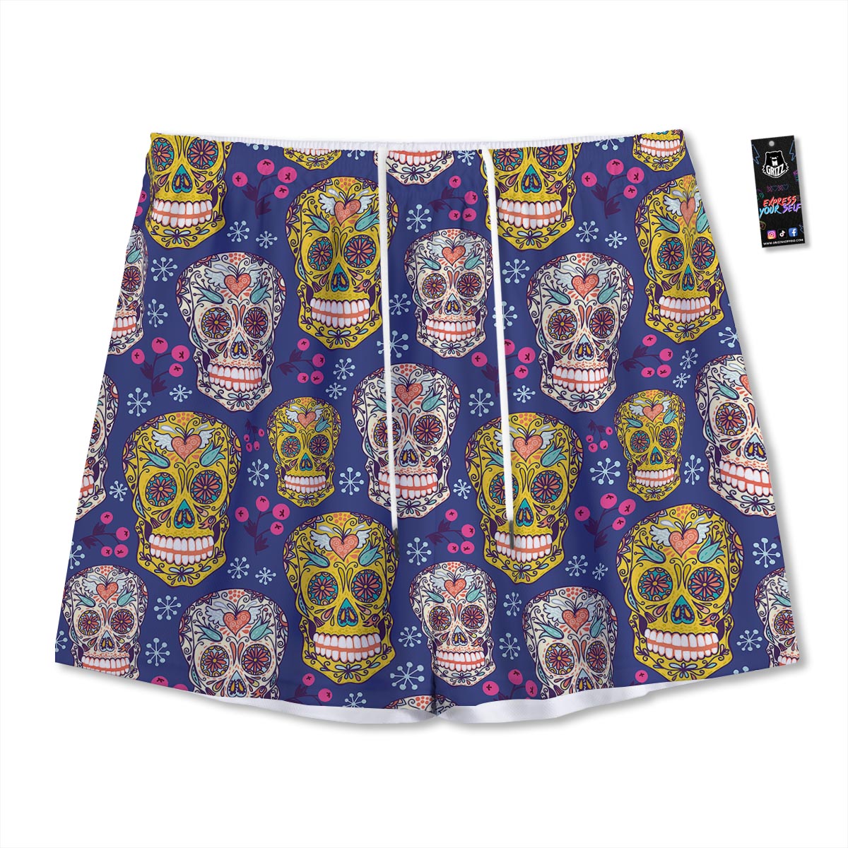 Skull Teal Sugar Print Pattern Mesh Shorts