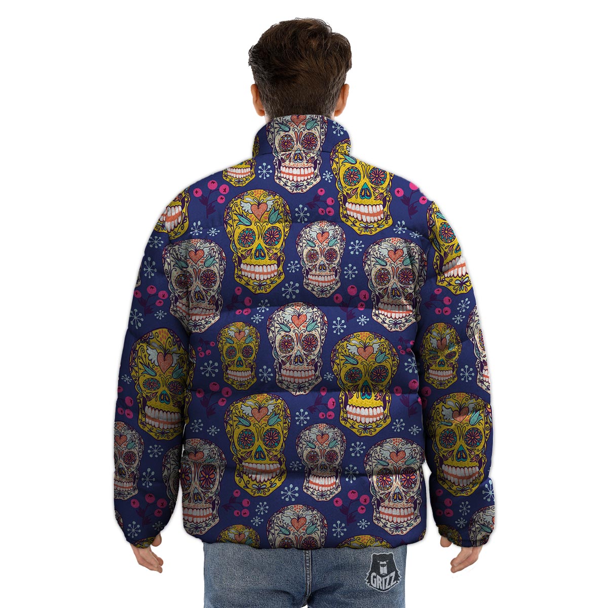 Skull Teal Sugar Print Pattern Puffer Jacket-grizzshop