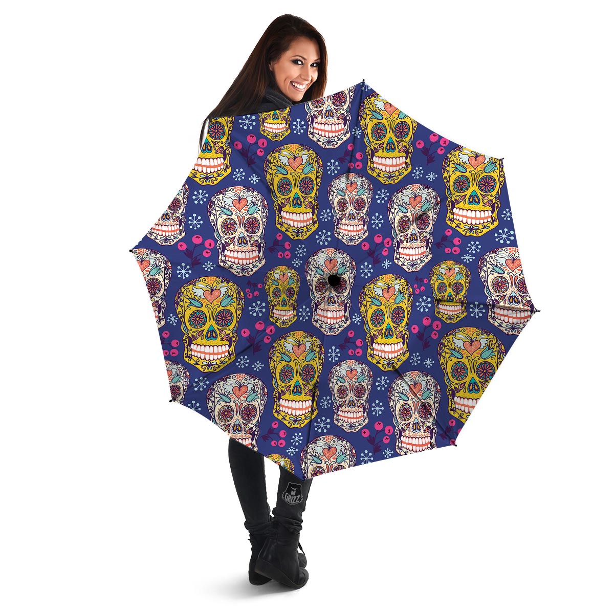 Skull Teal Sugar Print Pattern Umbrella-grizzshop