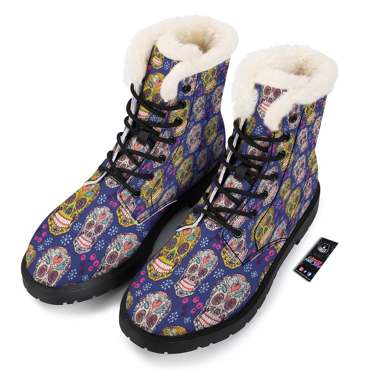 Skull Teal Sugar Print Pattern Winter Boots-grizzshop