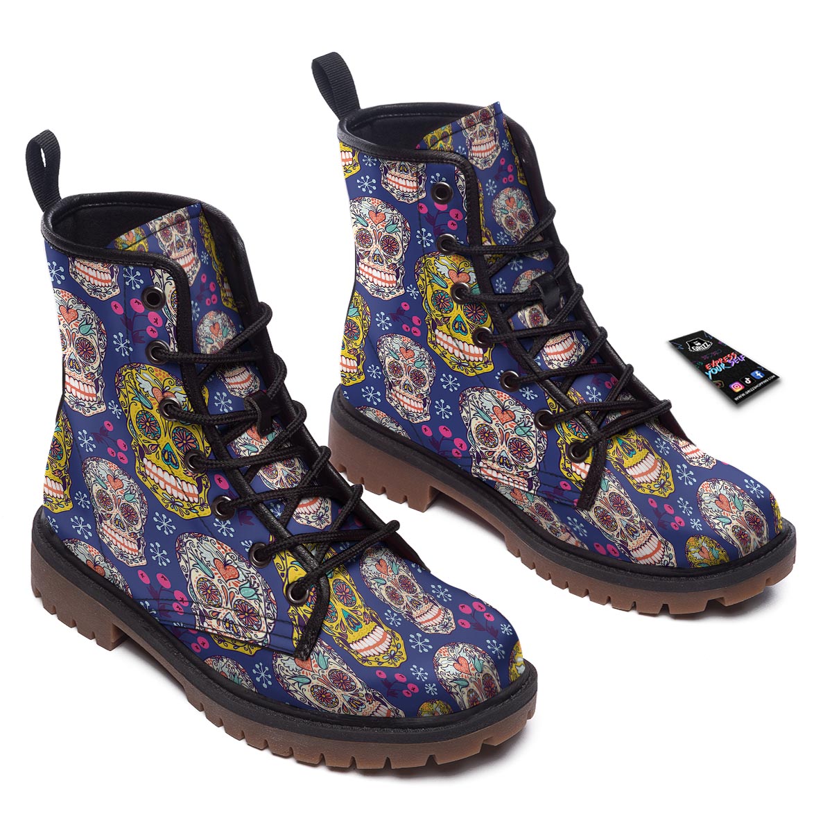 Skull Teal Sugar Print Pattern Work Boots-grizzshop