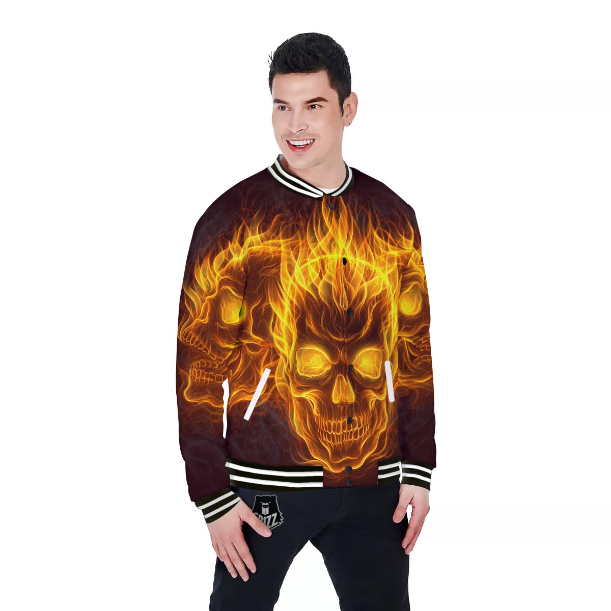 Skull Three Flaming Print Baseball Jacket-grizzshop
