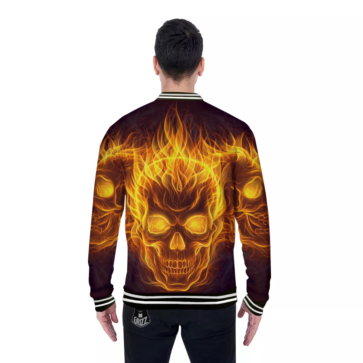 Skull Three Flaming Print Baseball Jacket-grizzshop