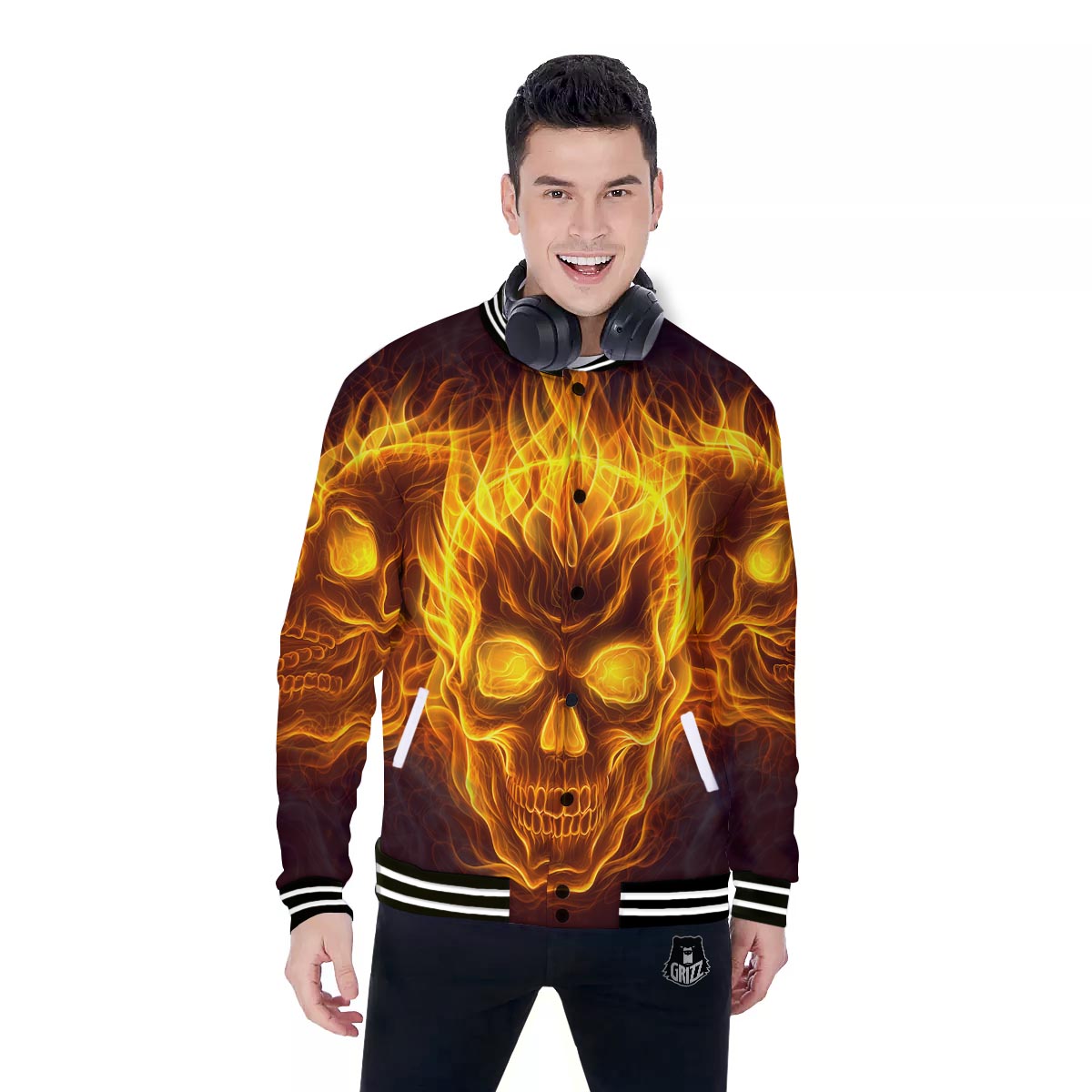 Skull Three Flaming Print Baseball Jacket-grizzshop