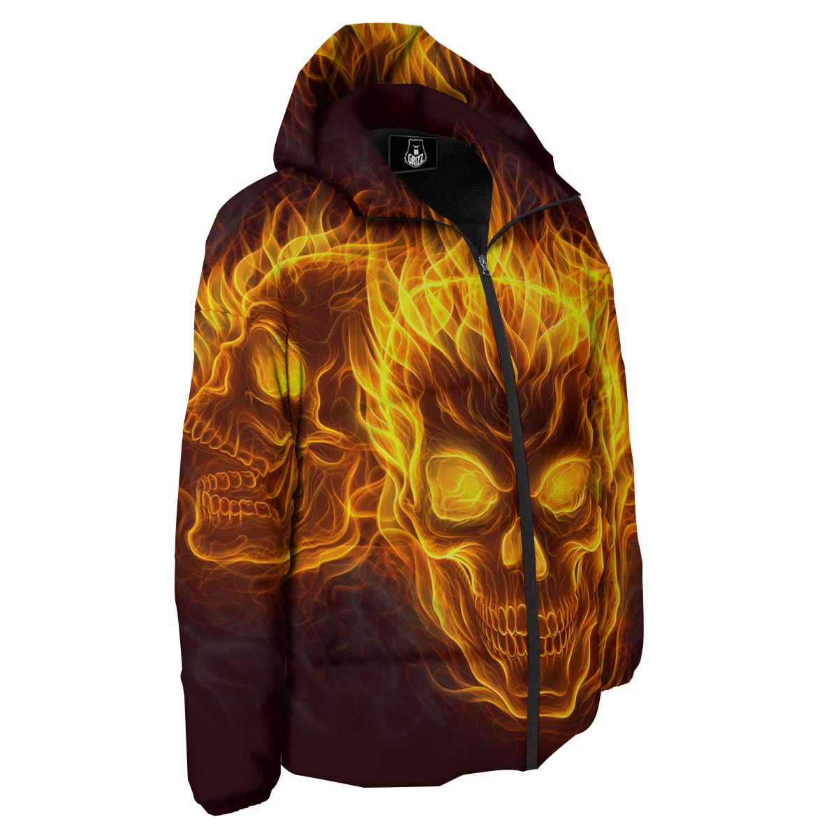 Skull Three Flaming Print Down Jacket-grizzshop