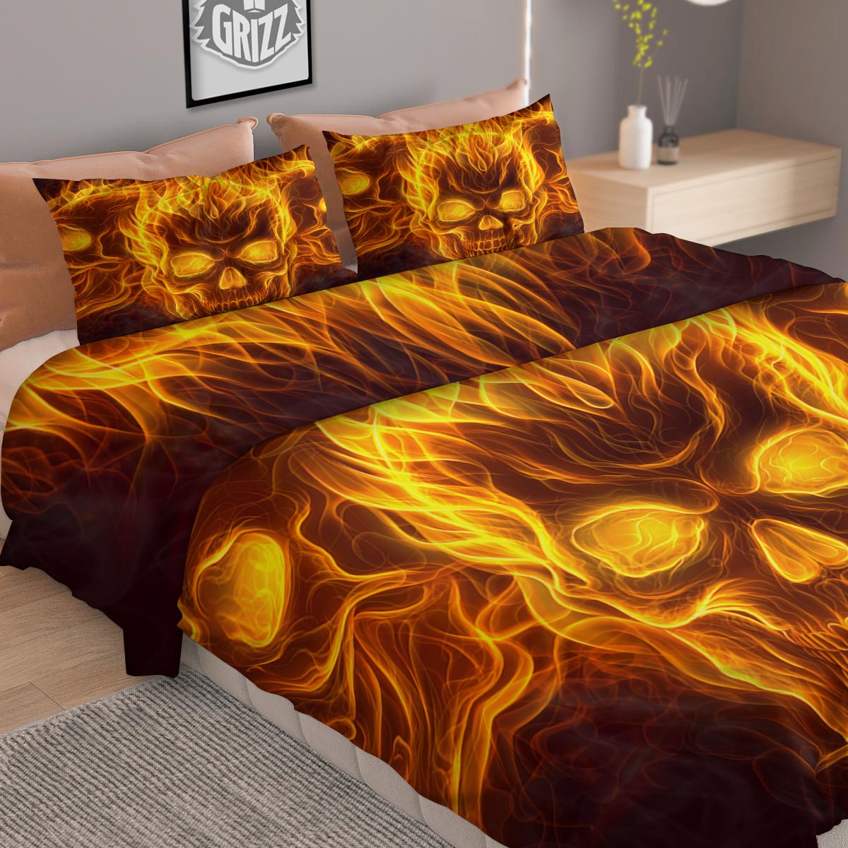 Skull Three Flaming Print Duvet Cover Bedding Set