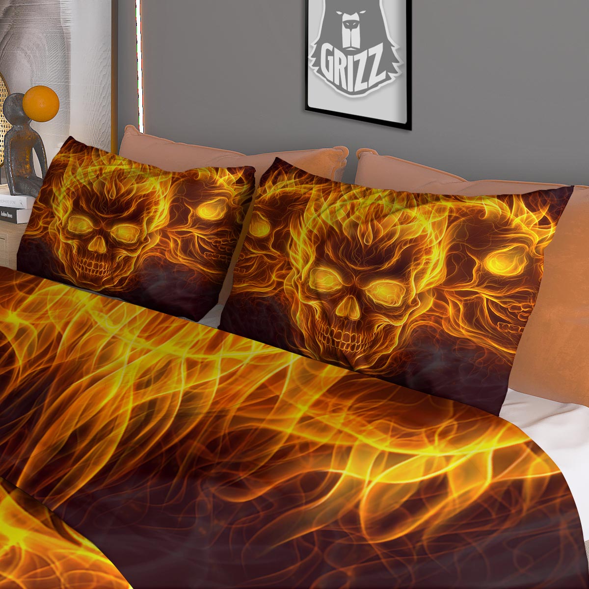 Skull Three Flaming Print Duvet Cover Bedding Set