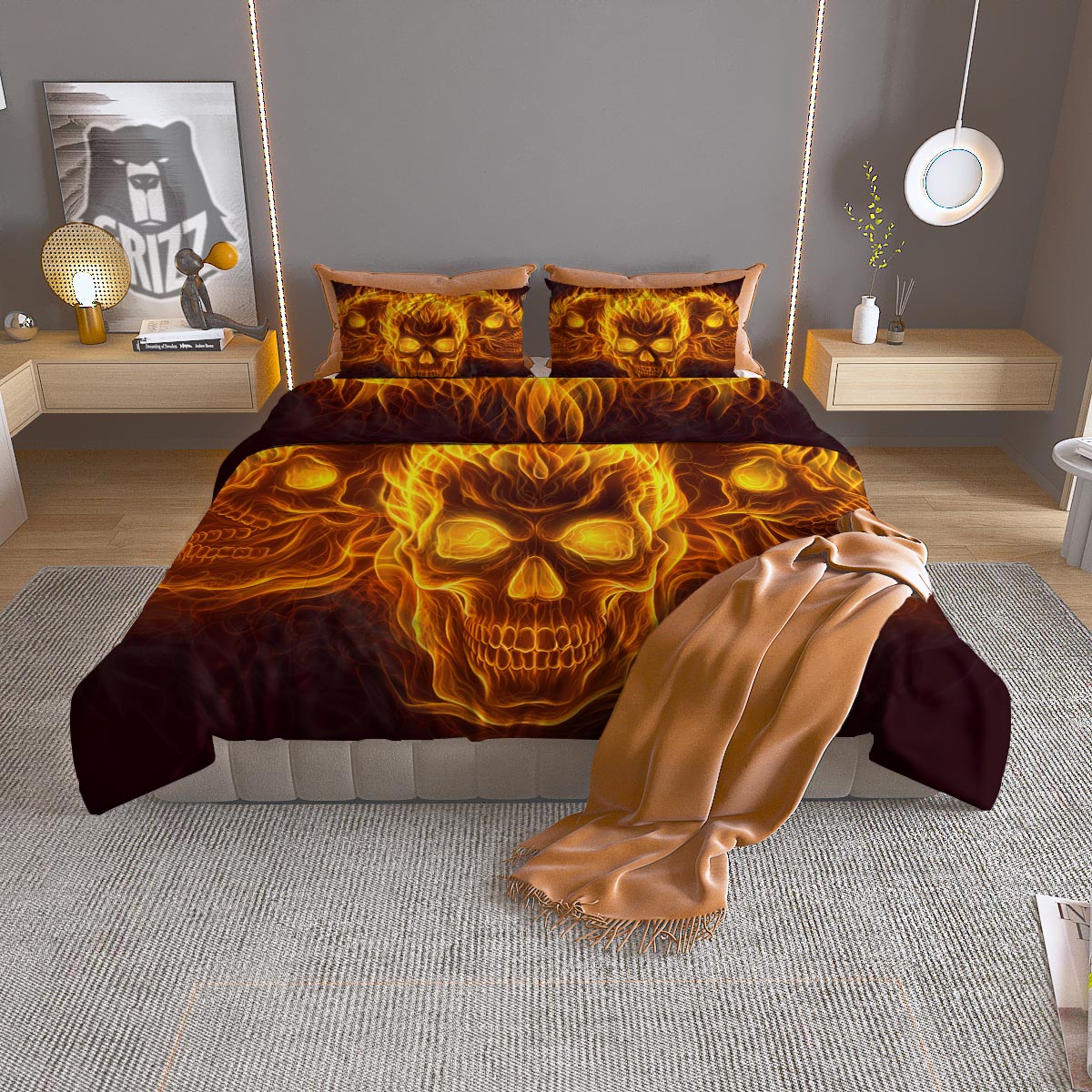 Skull Three Flaming Print Duvet Cover Bedding Set