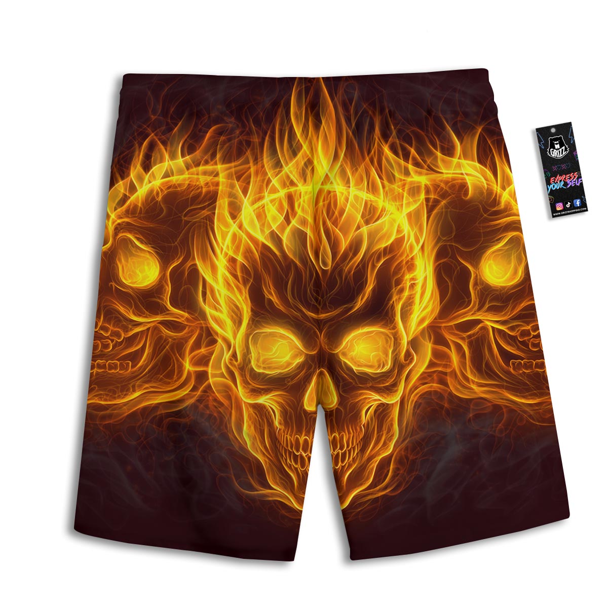 Skull Three Flaming Print Men's Athletic Shorts
