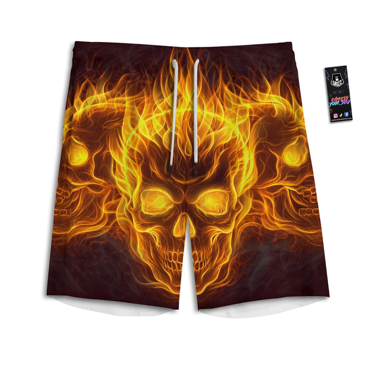 Skull Three Flaming Print Men's Athletic Shorts