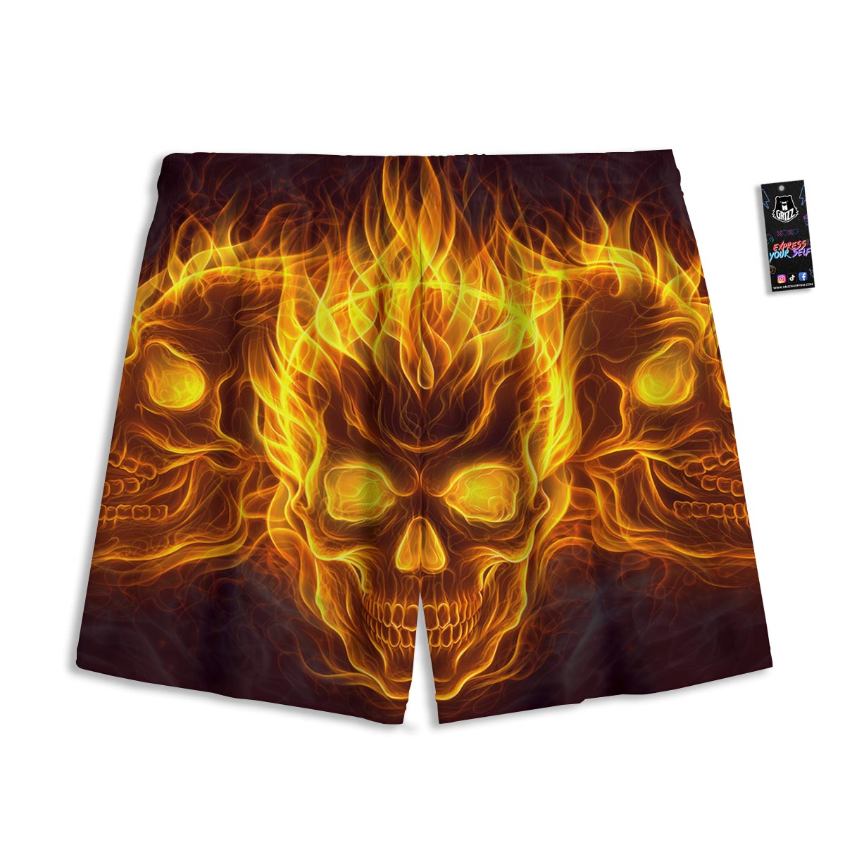 Skull Three Flaming Print Mesh Shorts