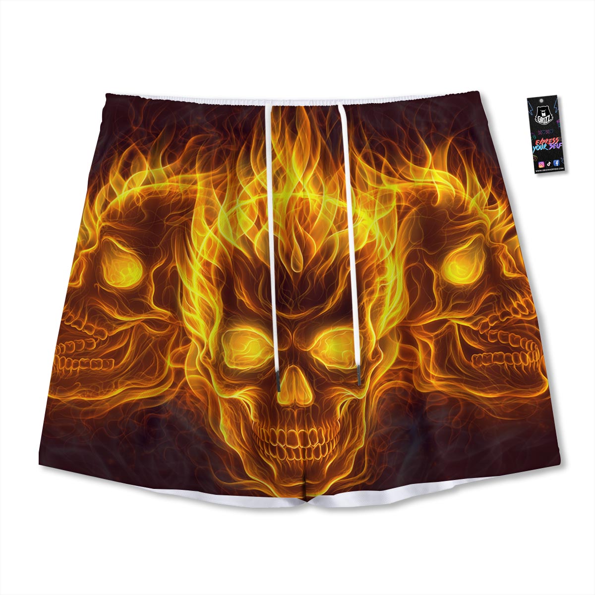 Skull Three Flaming Print Mesh Shorts