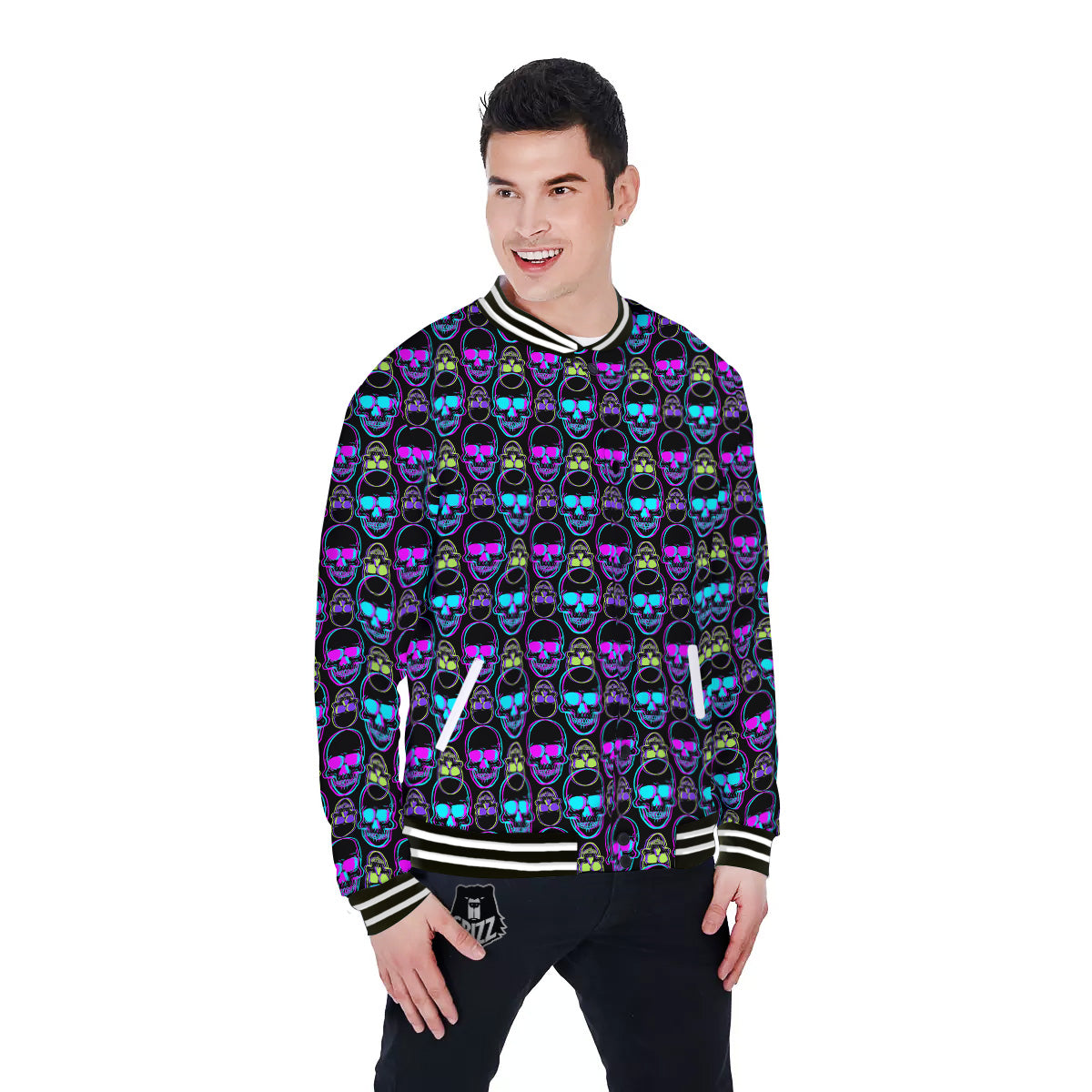 Skull Trippy Neon Print Pattern Baseball Jacket-grizzshop