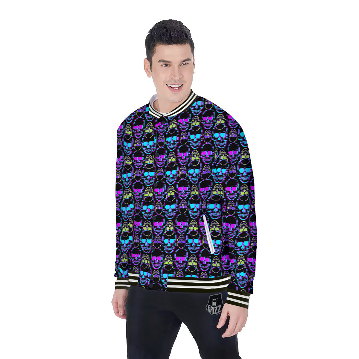 Skull Trippy Neon Print Pattern Baseball Jacket-grizzshop
