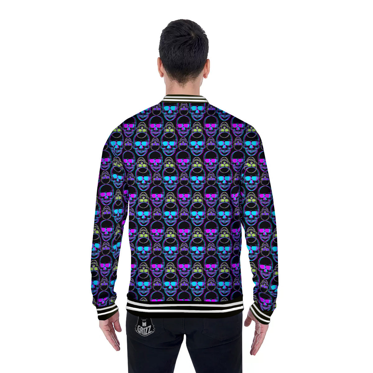 Skull Trippy Neon Print Pattern Baseball Jacket-grizzshop