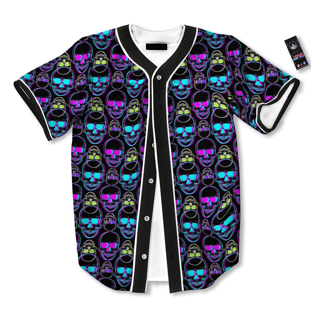 Skull Trippy Neon Print Pattern Baseball Jersey-grizzshop