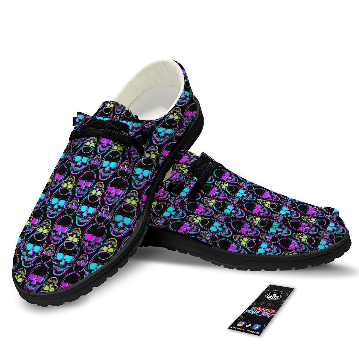 Skull Trippy Neon Print Pattern Black Loafers-grizzshop