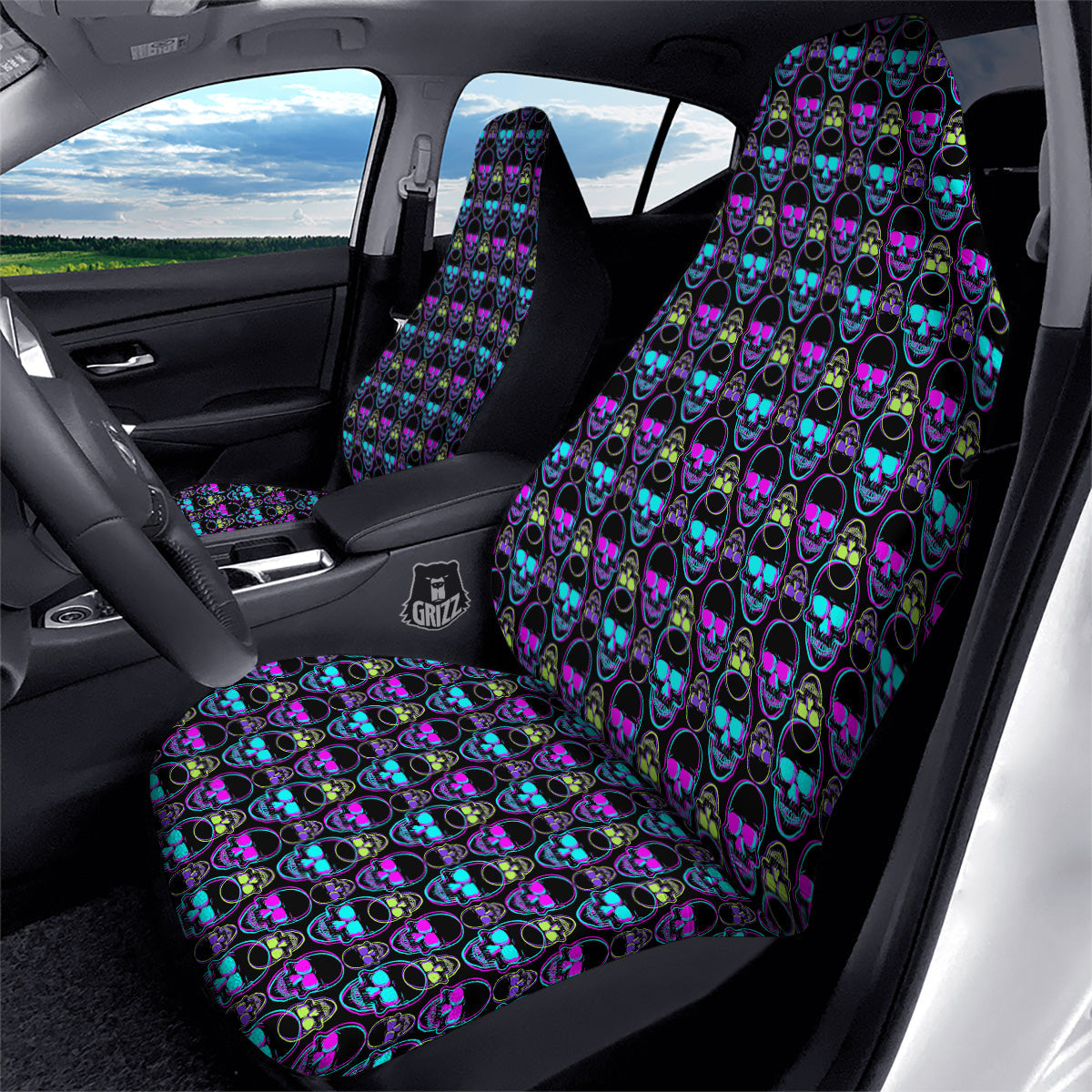 Skull Trippy Neon Print Pattern Car Seat Covers-grizzshop