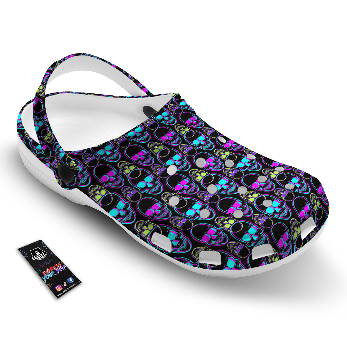 Skull Trippy Neon Print Pattern Clog-grizzshop