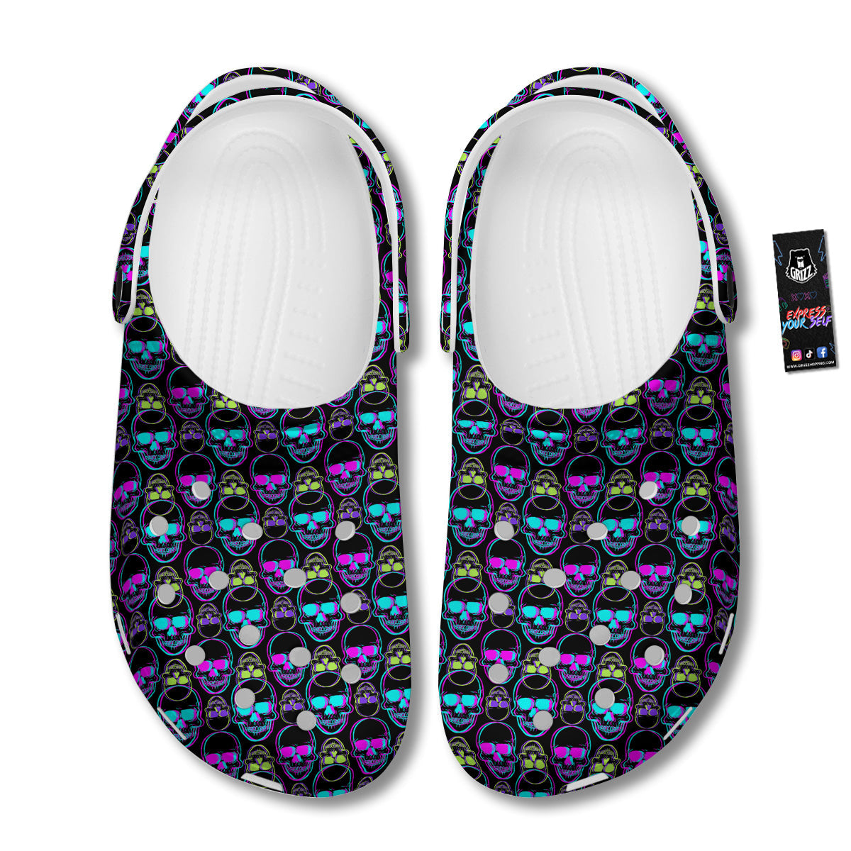 Skull Trippy Neon Print Pattern Clog-grizzshop