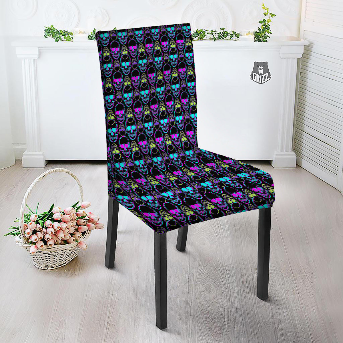 Skull Trippy Neon Print Pattern Dining Chair Slipcover-grizzshop