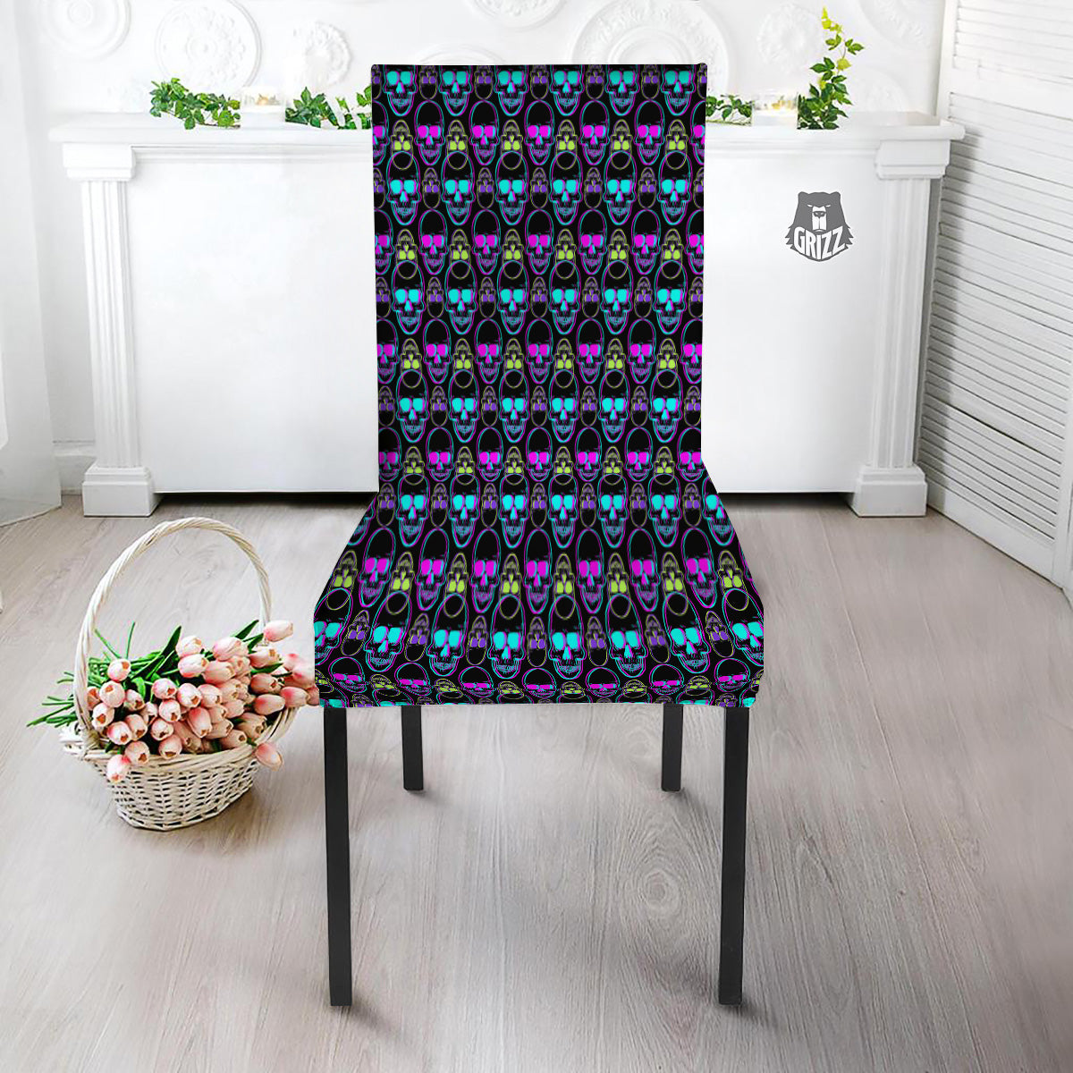Skull Trippy Neon Print Pattern Dining Chair Slipcover-grizzshop