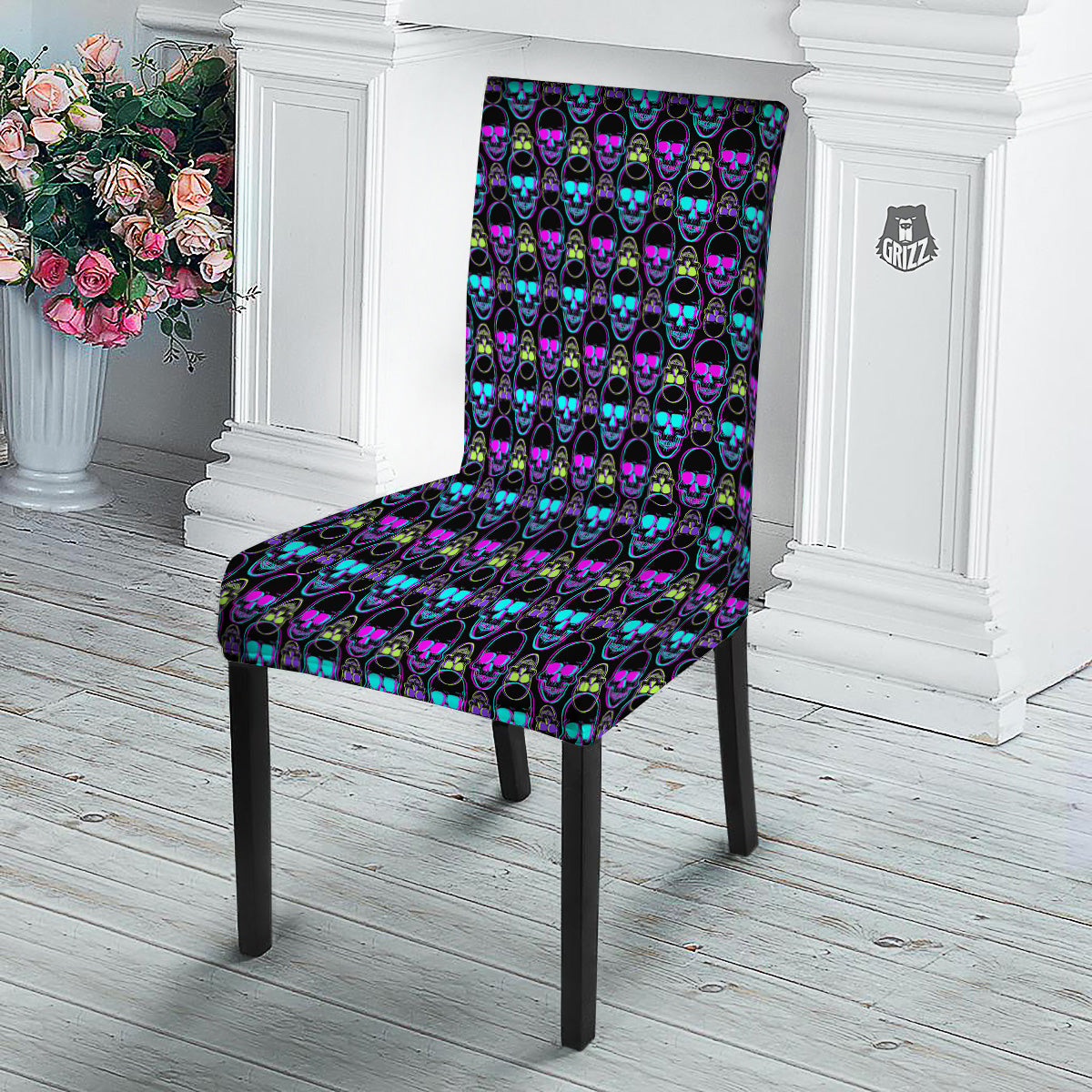 Skull Trippy Neon Print Pattern Dining Chair Slipcover-grizzshop