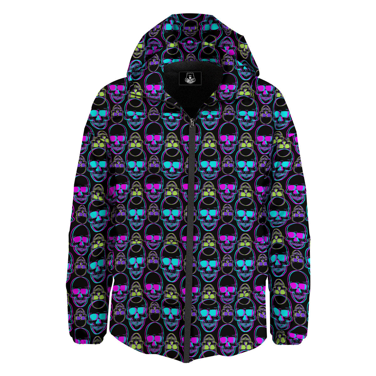 Skull Trippy Neon Print Pattern Down Jacket-grizzshop