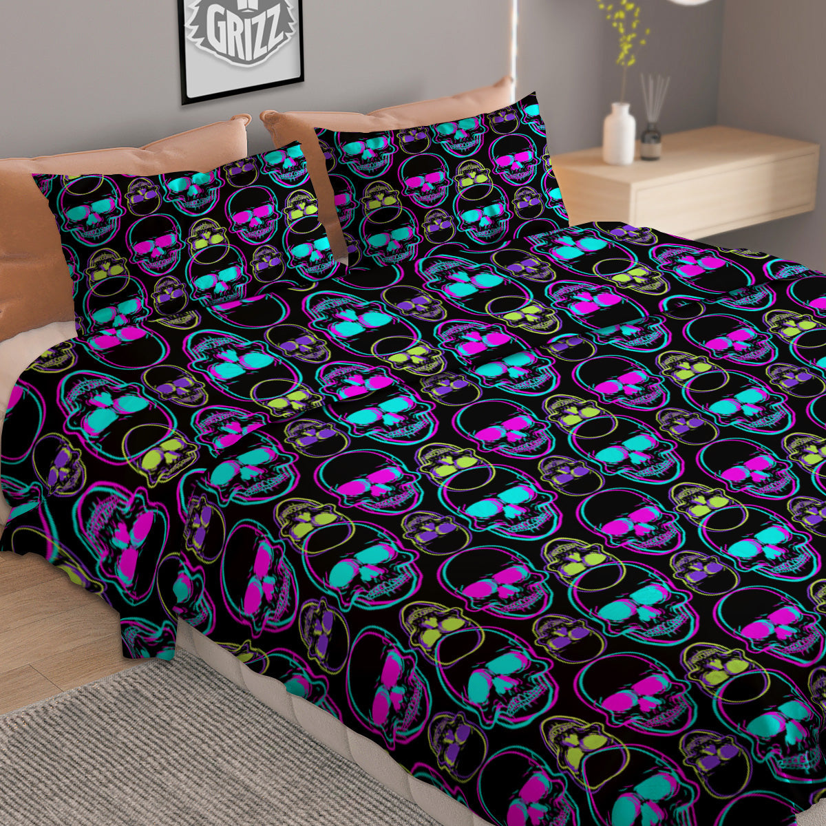 Skull Trippy Neon Print Pattern Duvet Cover Bedding Set