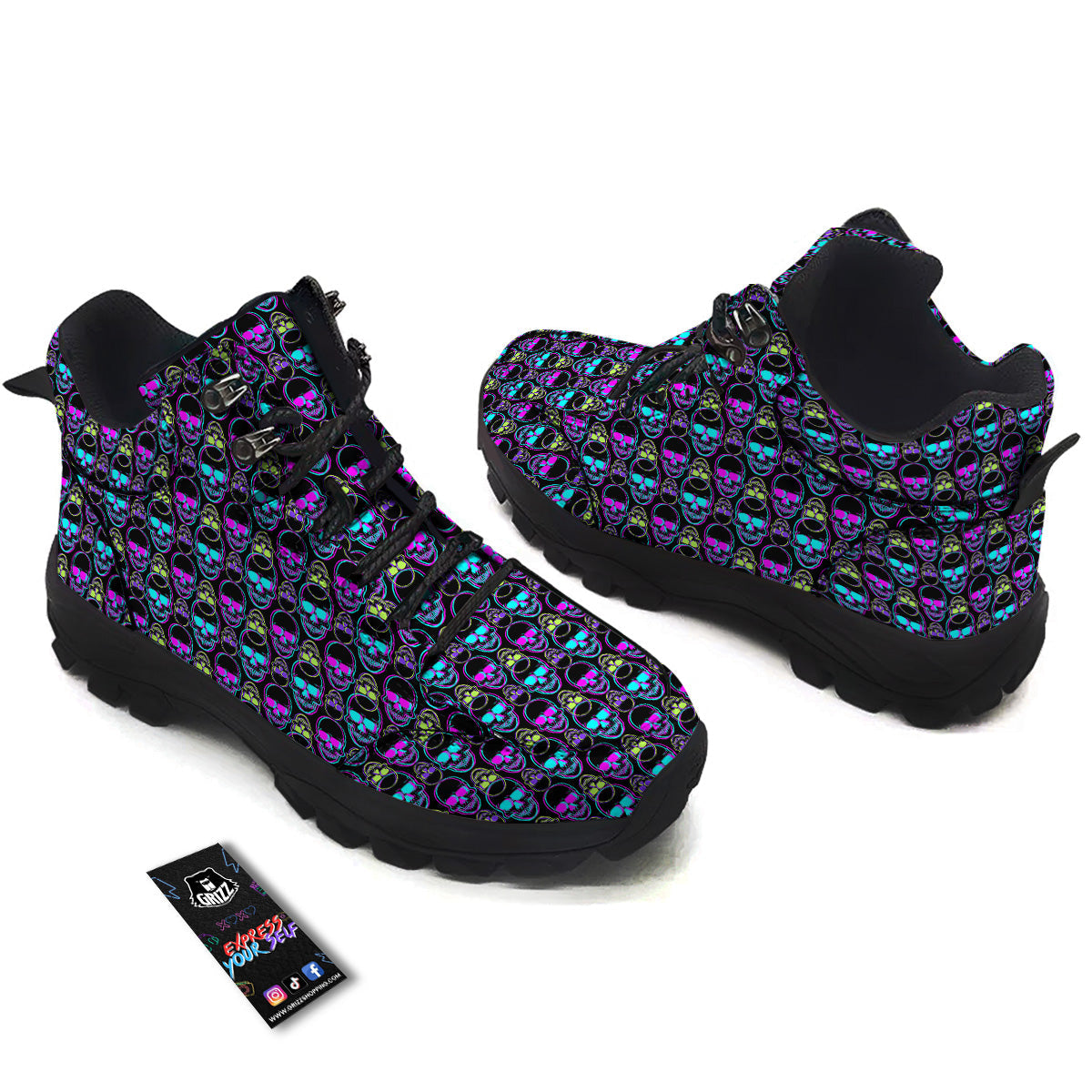 Skull Trippy Neon Print Pattern Hiking Shoes-grizzshop