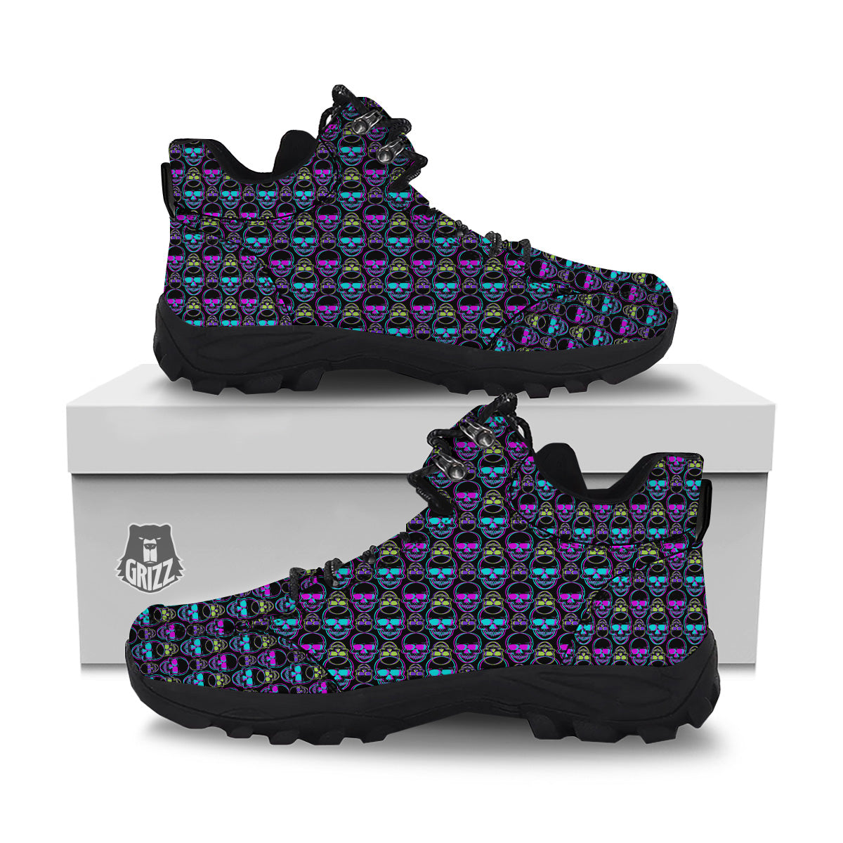 Skull Trippy Neon Print Pattern Hiking Shoes-grizzshop