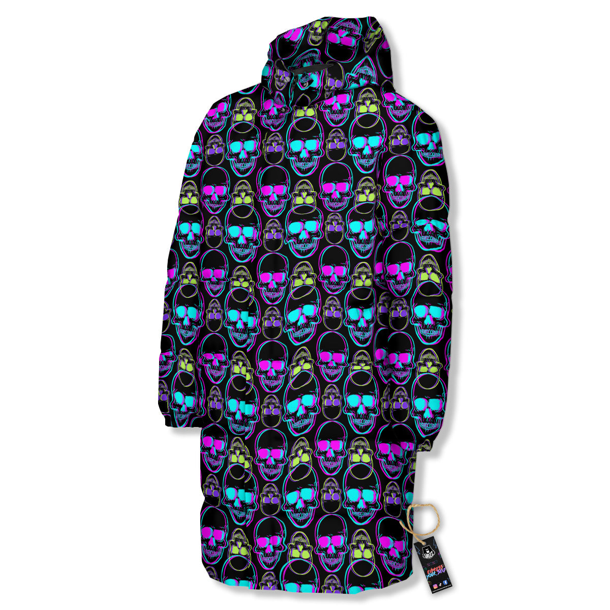 Skull Trippy Neon Print Pattern Long Down Jacket-grizzshop