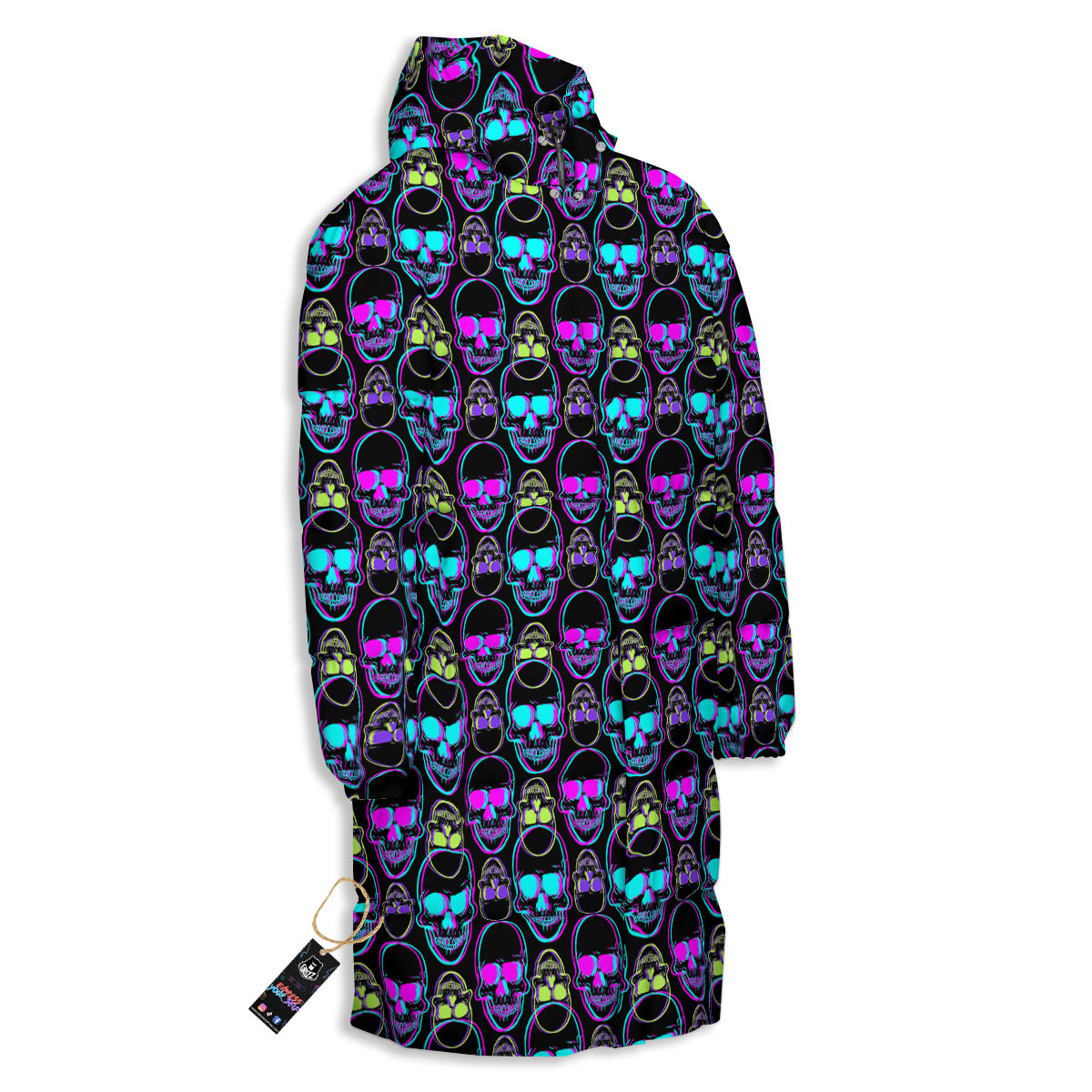 Skull Trippy Neon Print Pattern Long Down Jacket-grizzshop