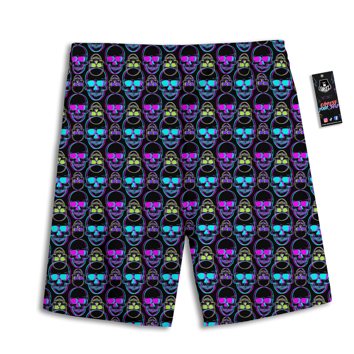 Skull Trippy Neon Print Pattern Men's Athletic Shorts