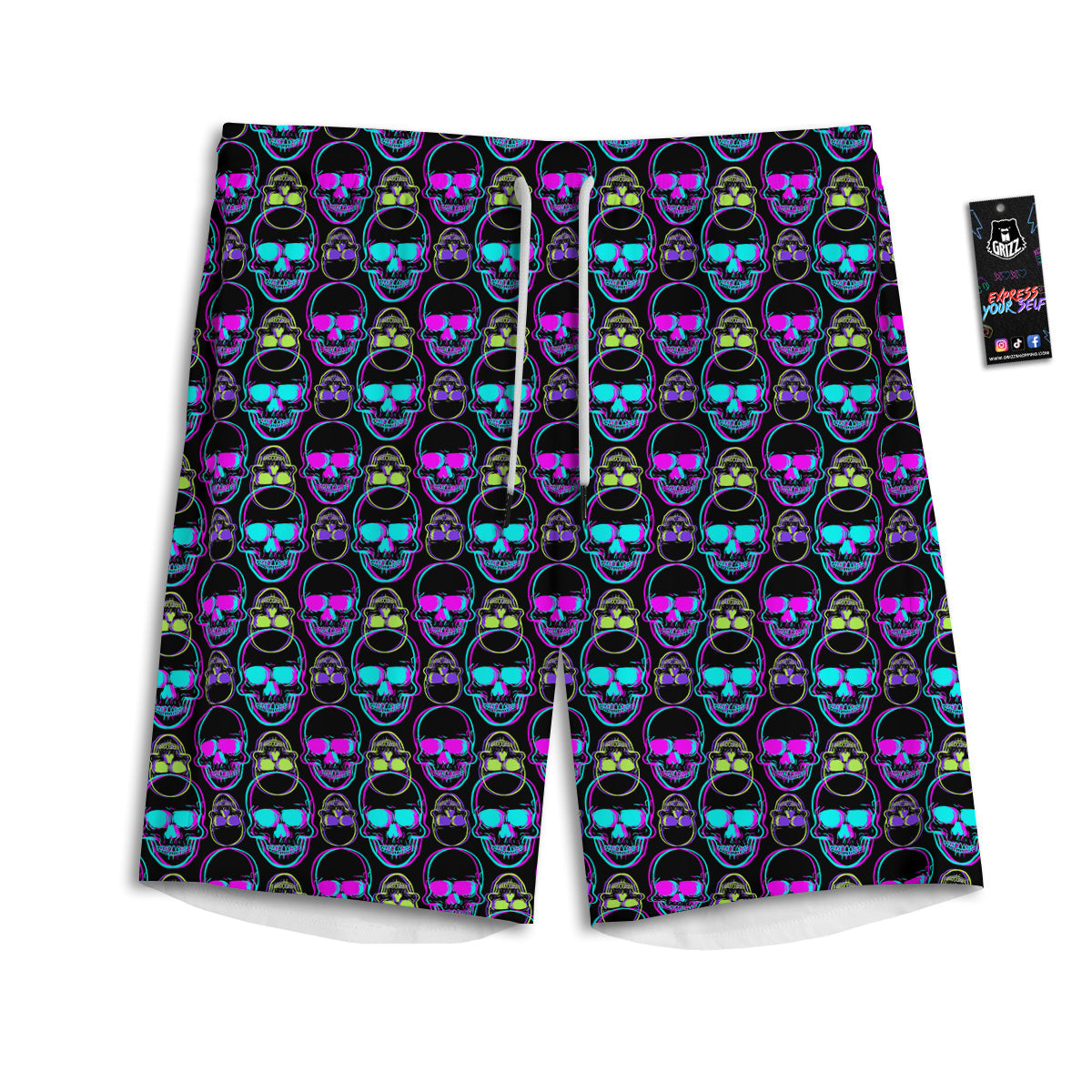 Skull Trippy Neon Print Pattern Men's Athletic Shorts