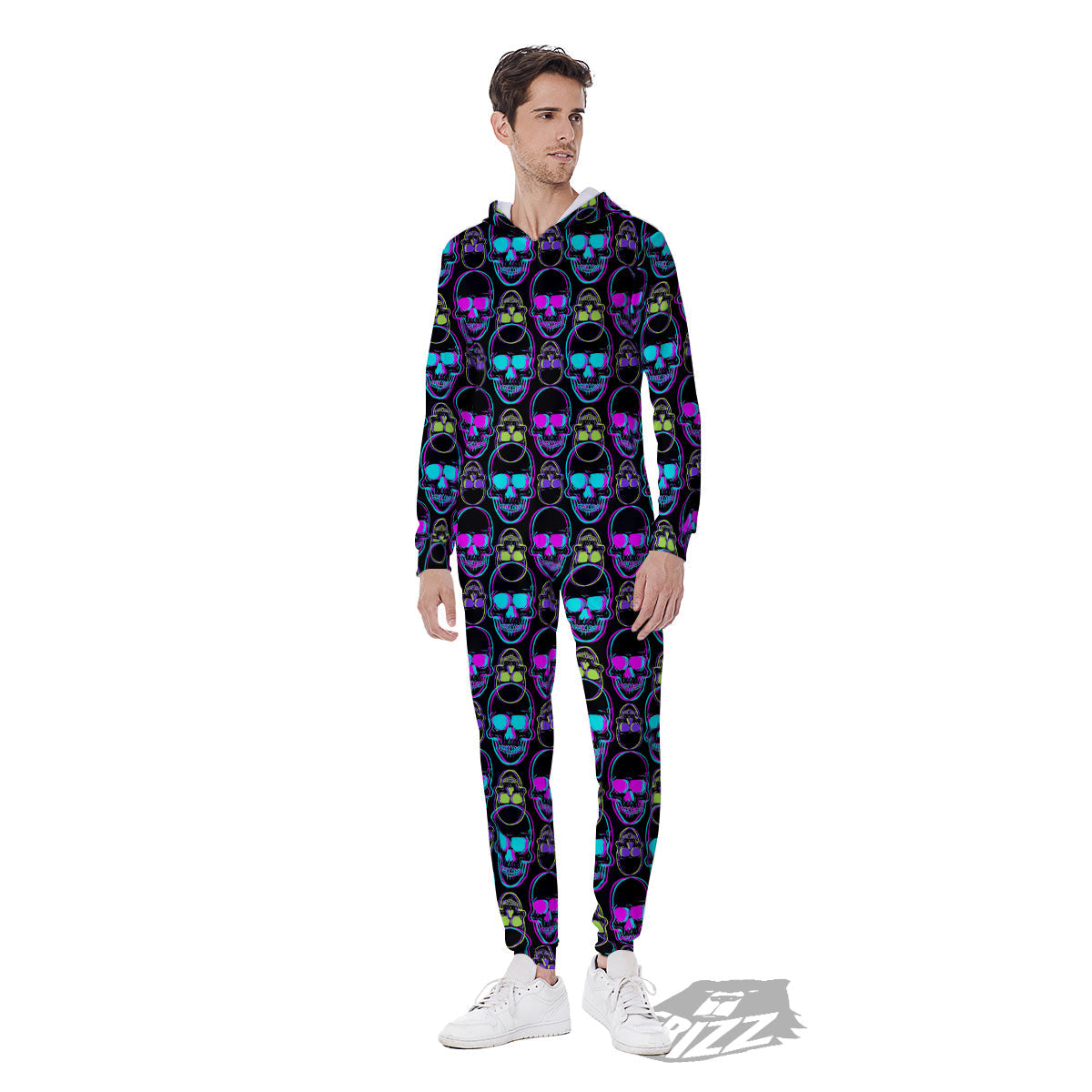 Skull Trippy Neon Print Pattern Men's Jumpsuit-grizzshop