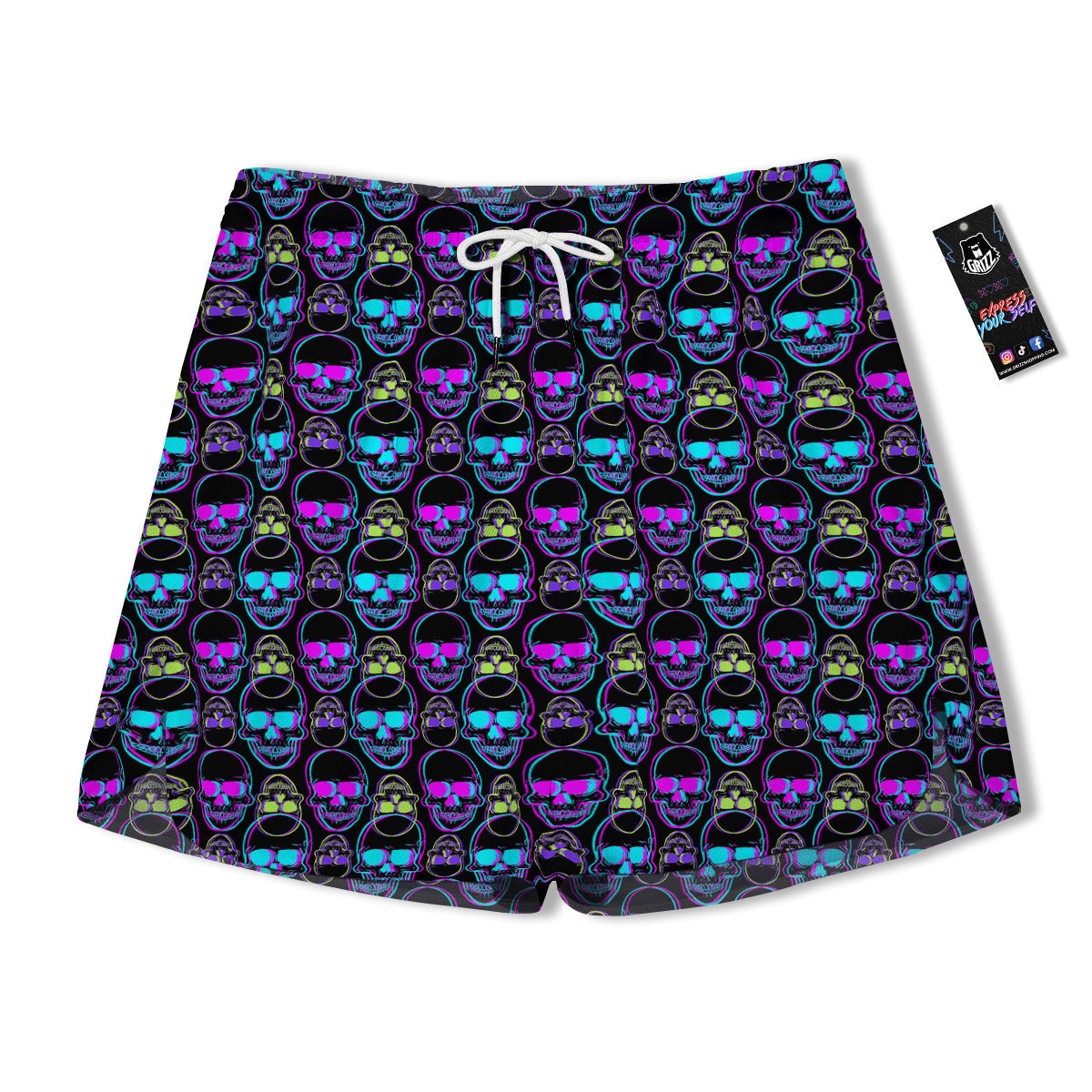 Skull Trippy Neon Print Pattern Men's Running Shorts-grizzshop
