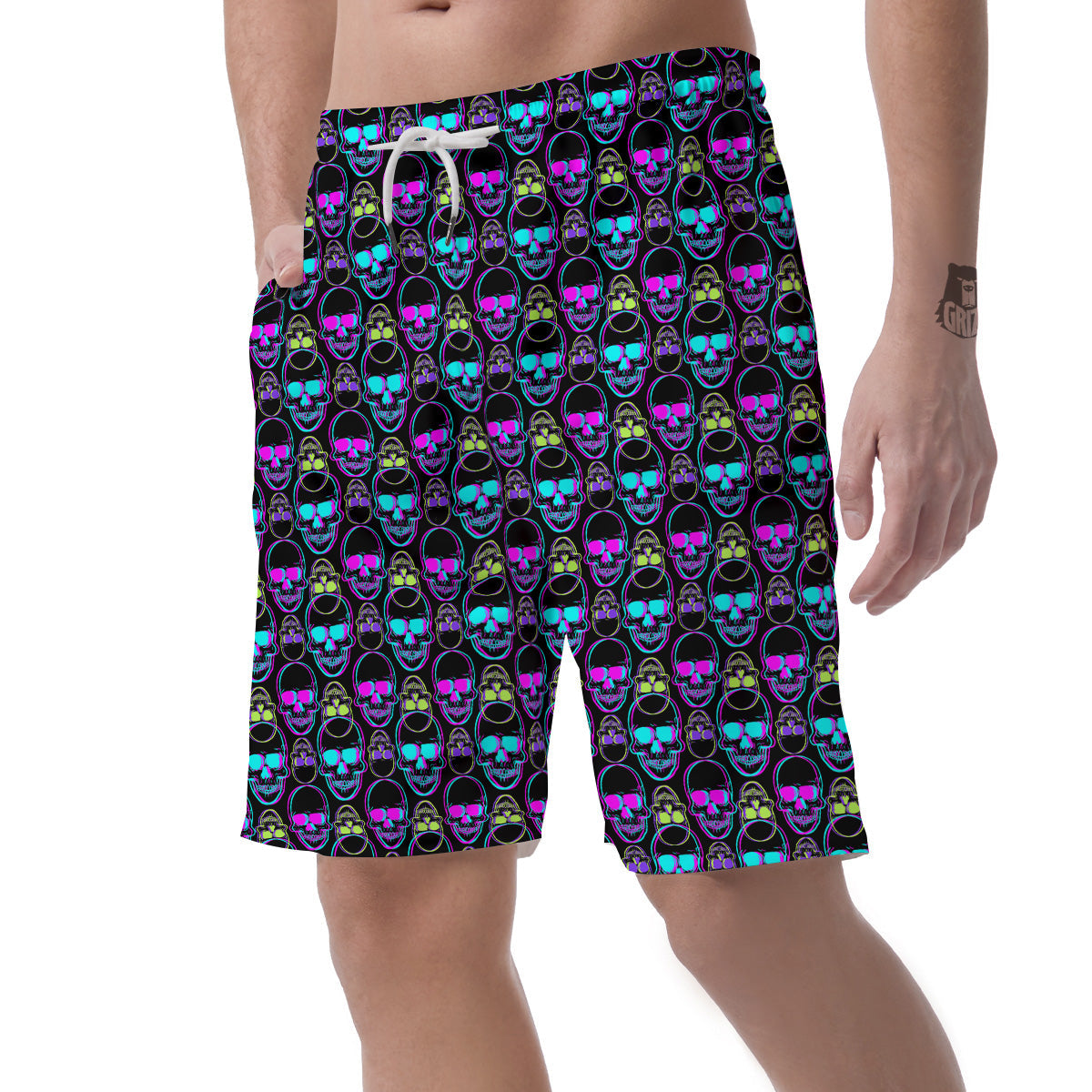 Skull Trippy Neon Print Pattern Men's Shorts-grizzshop