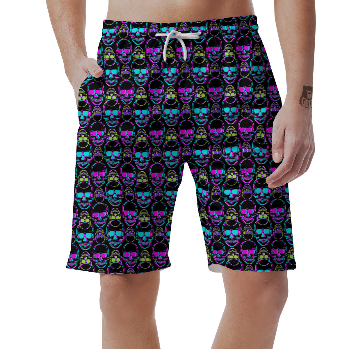 Skull Trippy Neon Print Pattern Men's Shorts-grizzshop
