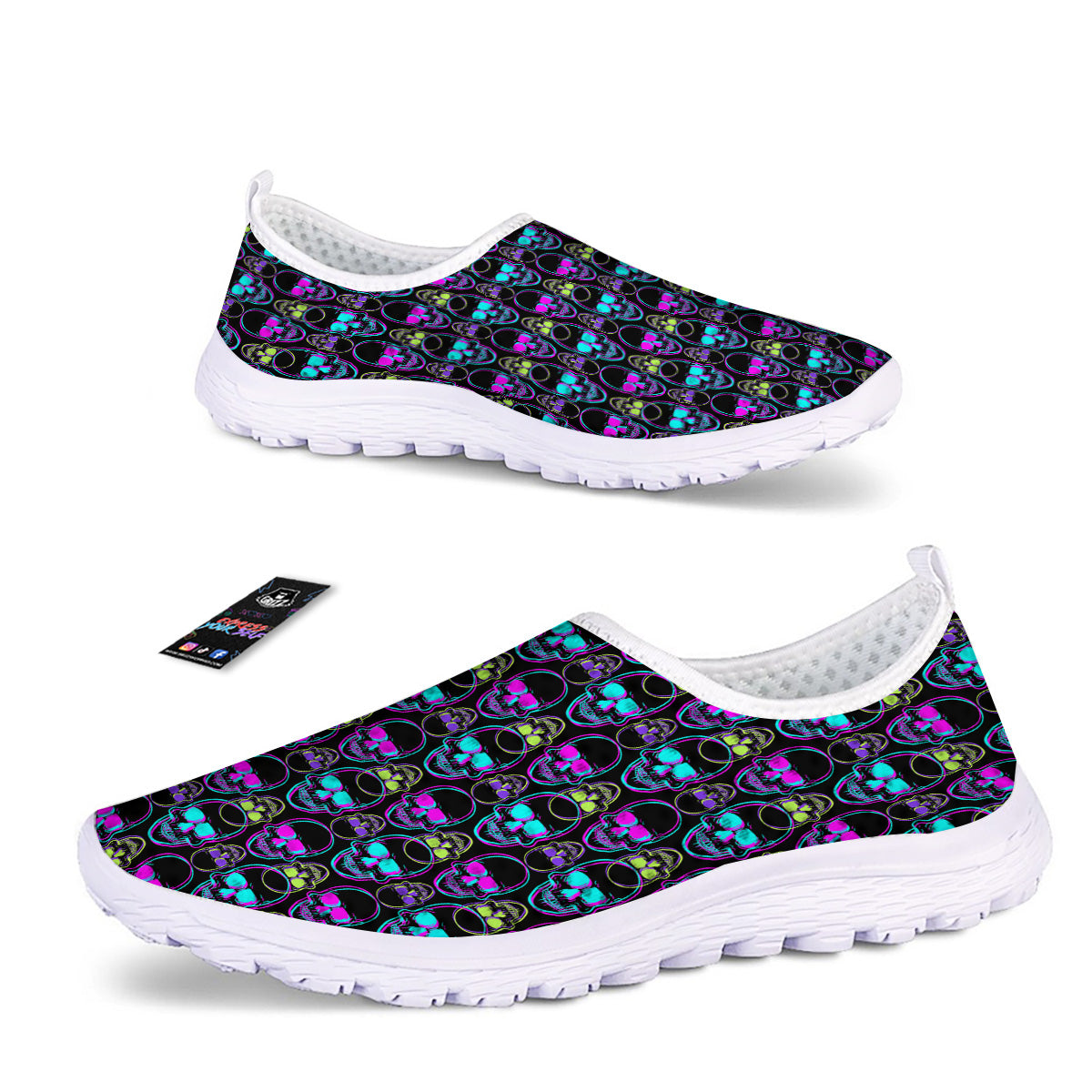Skull Trippy Neon Print Pattern Nurse Shoes-grizzshop